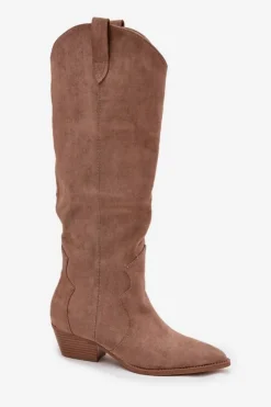 Boto Kozaki Na Słupku|Kozaki Przed Kolano*Eko Zamszowe Kozaki Kowbojki Damskie Na Obcasie Beżowe Jenaya Beżowy