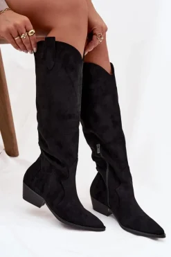 Damskie Boto Eko Zamszowe Kozaki Kowbojki Damskie Na Obcasie Czarne Jenaya