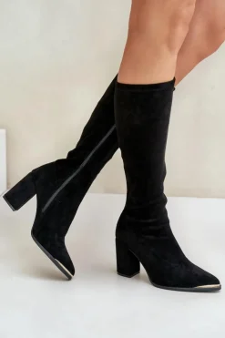 Hot Boto Eko Zamszowe Kozaki Na Słupkowym Obcasie Czarne Batirae