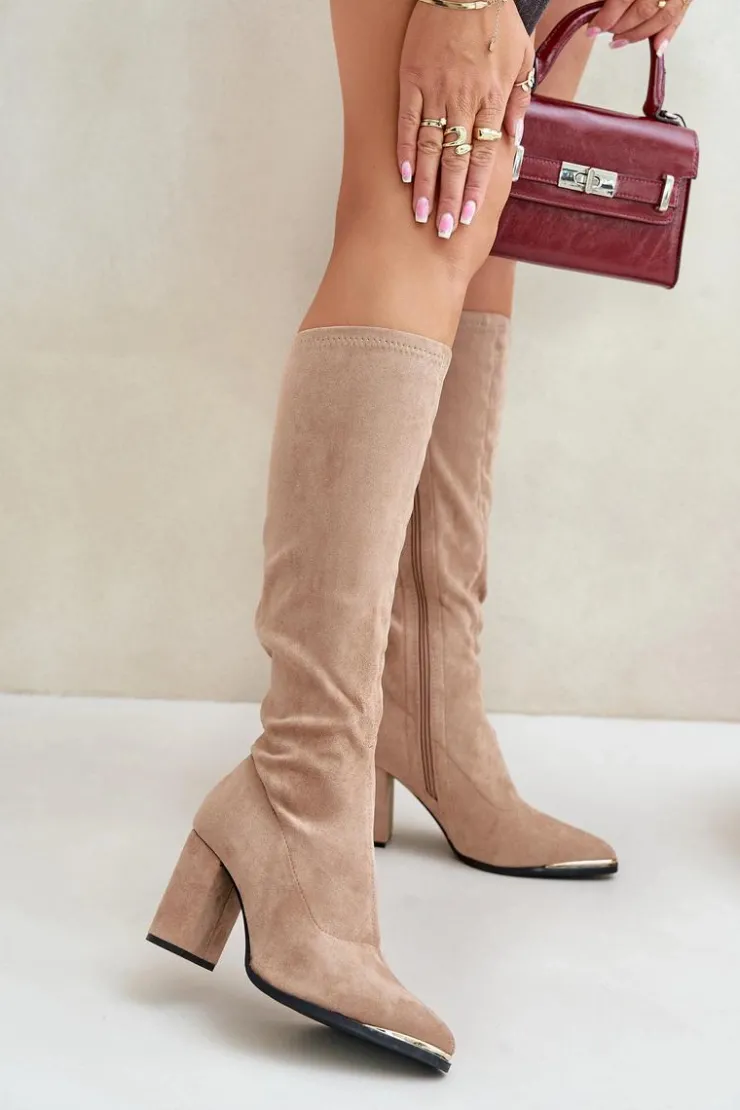 Damskie Boto Eko Zamszowe Kozaki Na Słupkowym Obcasie Beżowe Batirae