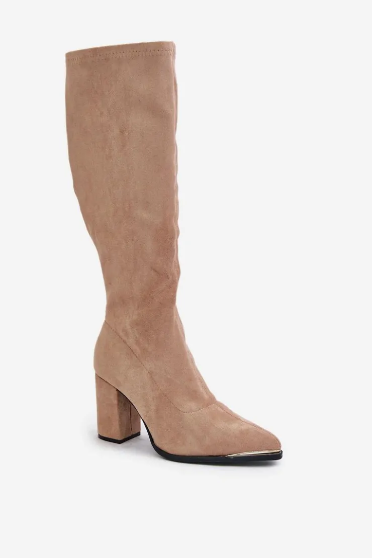 Damskie Boto Eko Zamszowe Kozaki Na Słupkowym Obcasie Beżowe Batirae