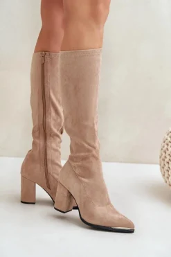 Damskie Boto Eko Zamszowe Kozaki Na Słupkowym Obcasie Beżowe Batirae