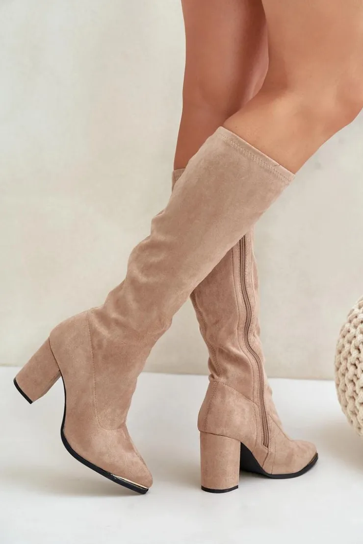 Damskie Boto Eko Zamszowe Kozaki Na Słupkowym Obcasie Beżowe Batirae