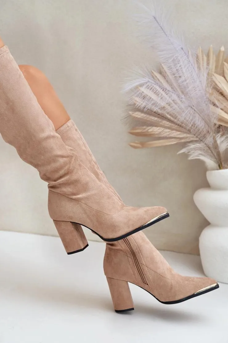 Damskie Boto Eko Zamszowe Kozaki Na Słupkowym Obcasie Beżowe Batirae