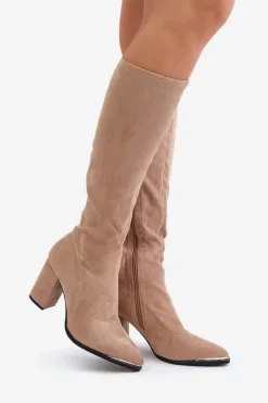 Damskie Boto Eko Zamszowe Kozaki Na Słupkowym Obcasie Beżowe Batirae