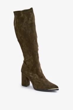 Boto Kozaki Ocieplane|Kozaki Na Słupku*Eko Zamszowe Kozaki Na Słupkowym Obcasie Ciemnozielone Batirae