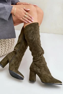 Boto Kozaki Ocieplane|Kozaki Na Słupku*Eko Zamszowe Kozaki Na Słupkowym Obcasie Ciemnozielone Batirae