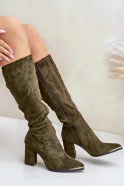 Boto Kozaki Ocieplane|Kozaki Na Słupku*Eko Zamszowe Kozaki Na Słupkowym Obcasie Ciemnozielone Batirae