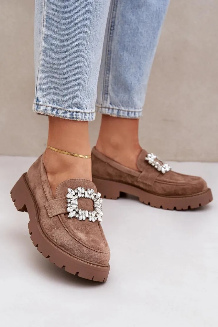 Damskie Boto Eko Zamszowe Mokasyny Damskie Z Ozdobną Broszką Ciemnobeżowe Valiana