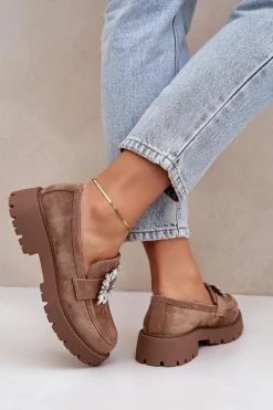 Damskie Boto Eko Zamszowe Mokasyny Damskie Z Ozdobną Broszką Ciemnobeżowe Valiana