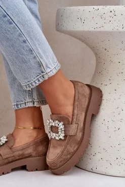 Damskie Boto Eko Zamszowe Mokasyny Damskie Z Ozdobną Broszką Ciemnobeżowe Valiana