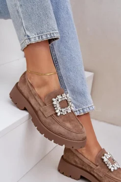 Damskie Boto Eko Zamszowe Mokasyny Damskie Z Ozdobną Broszką Ciemnobeżowe Valiana