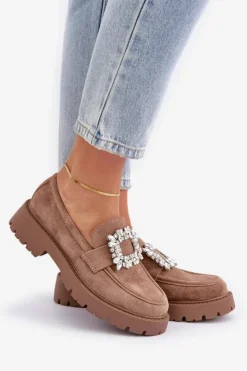 Damskie Boto Eko Zamszowe Mokasyny Damskie Z Ozdobną Broszką Ciemnobeżowe Valiana