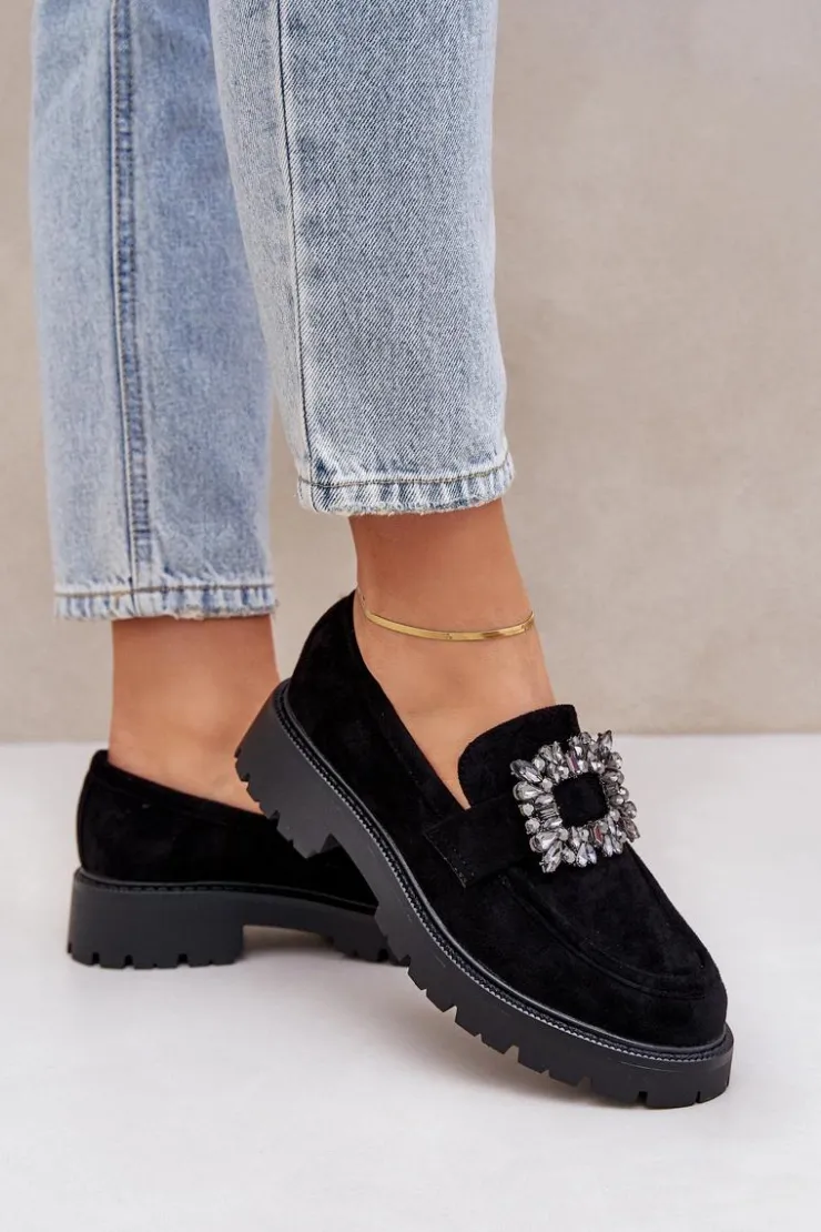 Best Boto Eko Zamszowe Mokasyny Damskie Z Ozdobną Broszką Czarne Valiana