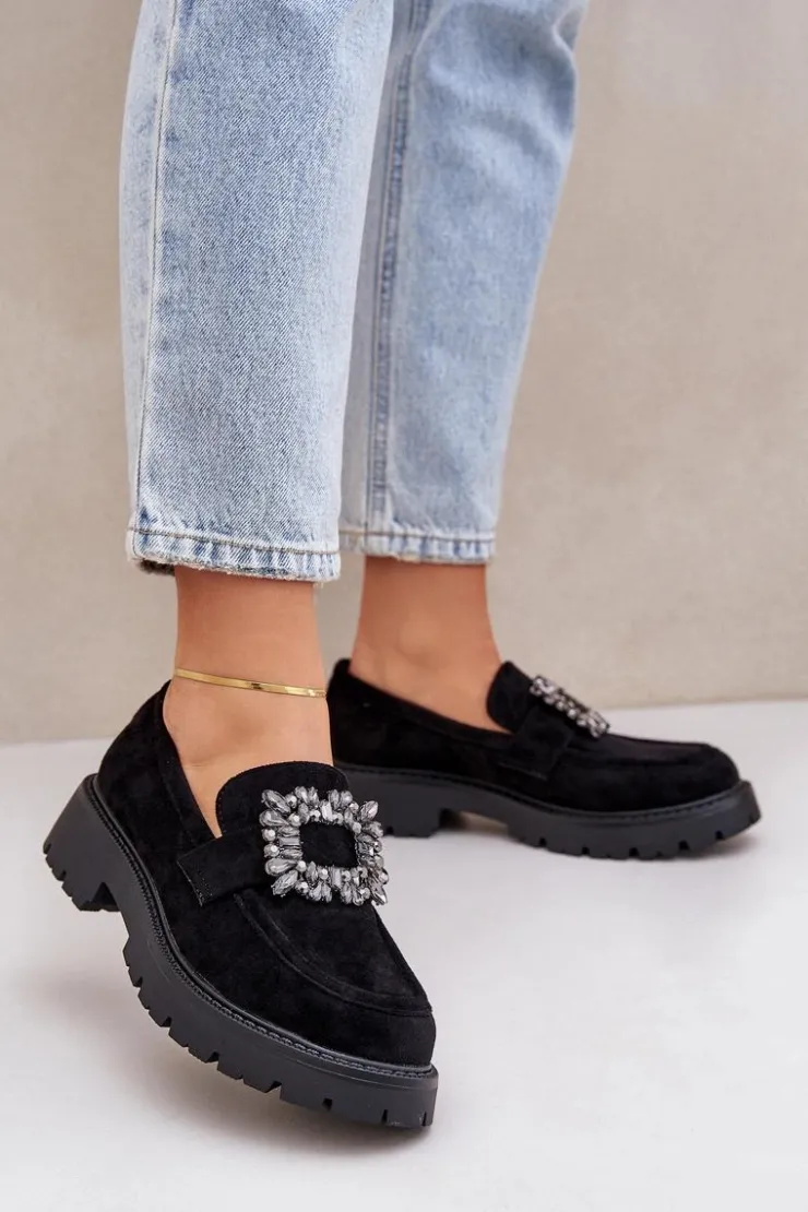 Best Boto Eko Zamszowe Mokasyny Damskie Z Ozdobną Broszką Czarne Valiana