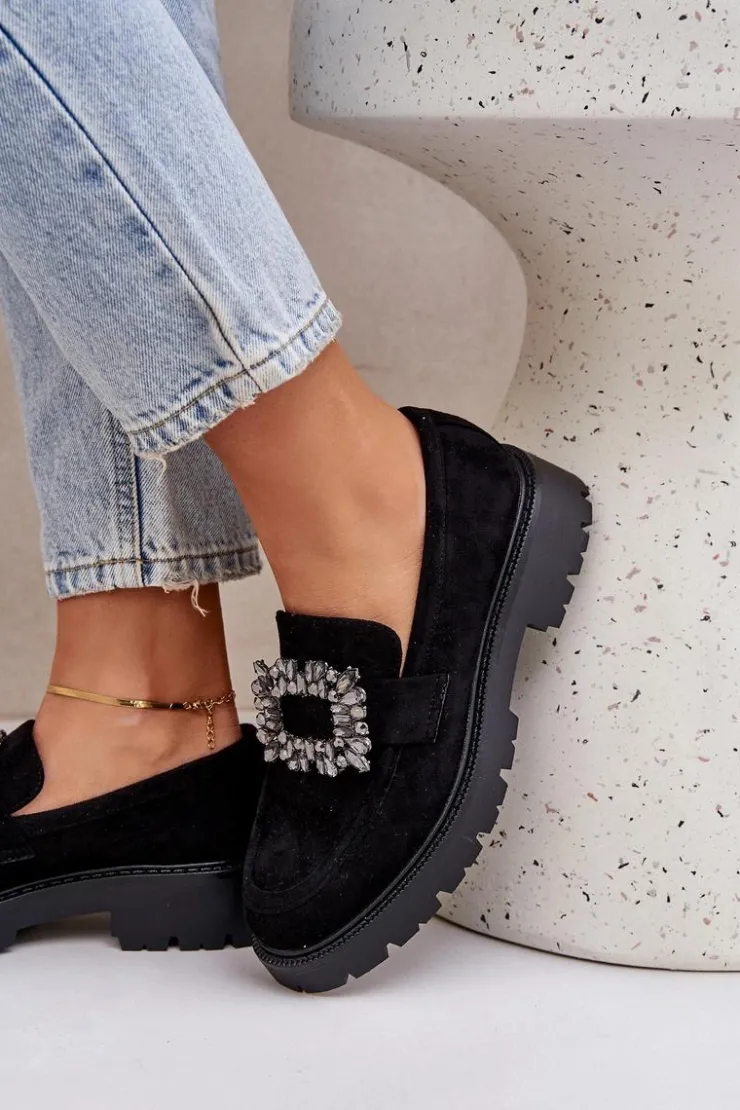 Best Boto Eko Zamszowe Mokasyny Damskie Z Ozdobną Broszką Czarne Valiana