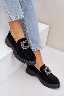 Best Boto Eko Zamszowe Mokasyny Damskie Z Ozdobną Broszką Czarne Valiana