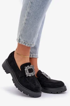 Best Boto Eko Zamszowe Mokasyny Damskie Z Ozdobną Broszką Czarne Valiana