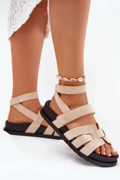 Damskie Boto Eko Zamszowe Sandały Damskie Z Rzepami Beżowe Valpera