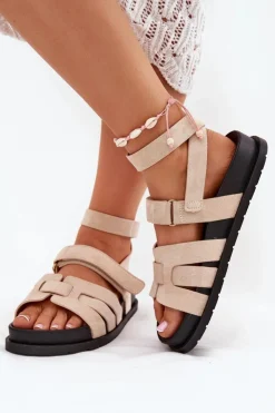 Damskie Boto Eko Zamszowe Sandały Damskie Z Rzepami Beżowe Valpera