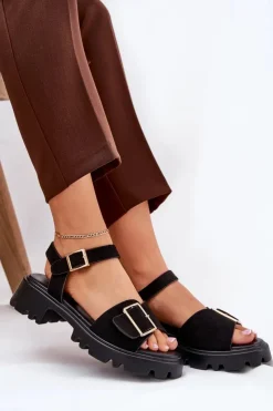 Sale Boto Eko Zamszowe Sandały Damskie Z Klamrą Czarne Gofielle Czarny