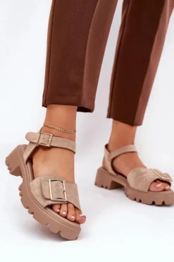 Damskie Boto Eko Zamszowe Sandały Damskie Z Klamrą Beżowe Gofielle