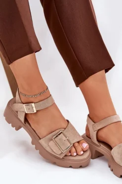 Damskie Boto Eko Zamszowe Sandały Damskie Z Klamrą Beżowe Gofielle