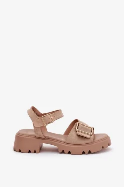 Damskie Boto Eko Zamszowe Sandały Damskie Z Klamrą Beżowe Gofielle