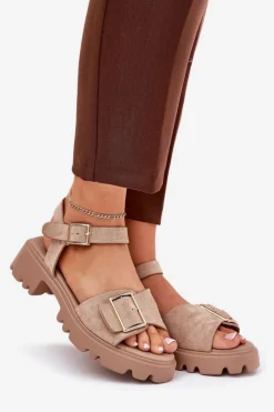 Damskie Boto Eko Zamszowe Sandały Damskie Z Klamrą Beżowe Gofielle