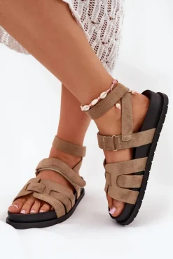 Boto Sandały Płaskie*Eko Zamszowe Sandały Damskie Z Rzepami Ciemnobeżowe Valpera Beżowy