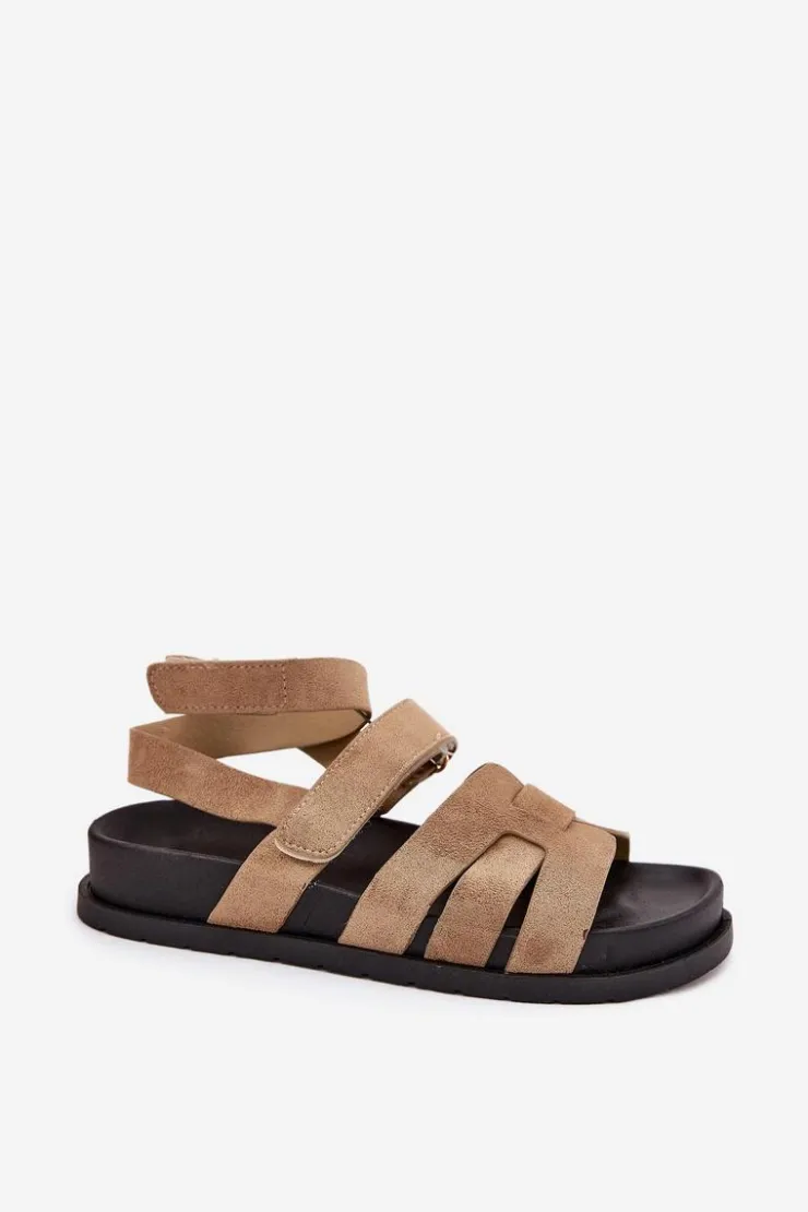 Boto Sandały Płaskie*Eko Zamszowe Sandały Damskie Z Rzepami Ciemnobeżowe Valpera Beżowy