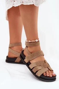 Boto Sandały Płaskie*Eko Zamszowe Sandały Damskie Z Rzepami Ciemnobeżowe Valpera Beżowy