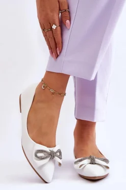 Best Boto Eleganckie Baleriny Z Kokardą I Dżetami Białe One Time