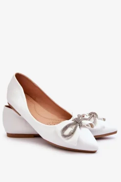 Best Boto Eleganckie Baleriny Z Kokardą I Dżetami Białe One Time