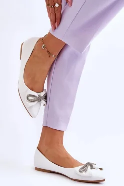 Best Boto Eleganckie Baleriny Z Kokardą I Dżetami Białe One Time