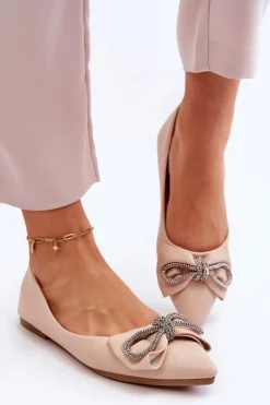 Damskie Boto Eleganckie Baleriny Z Kokardą I Dżetami Beżowe One Time