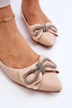 Damskie Boto Eleganckie Baleriny Z Kokardą I Dżetami Beżowe One Time