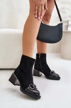 Damskie Damskie buty S.Barski Eleganckie Botki Damskie Na Obcasie Z Ozdobą Czarne MR880-127