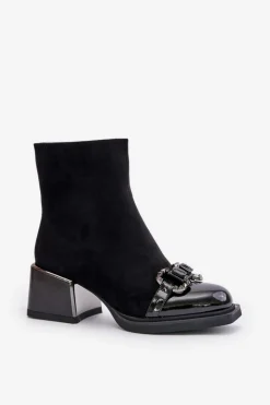 Damskie Damskie buty S.Barski Eleganckie Botki Damskie Na Obcasie Z Ozdobą Czarne MR880-127