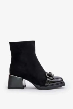 Damskie Damskie buty S.Barski Eleganckie Botki Damskie Na Obcasie Z Ozdobą Czarne MR880-127