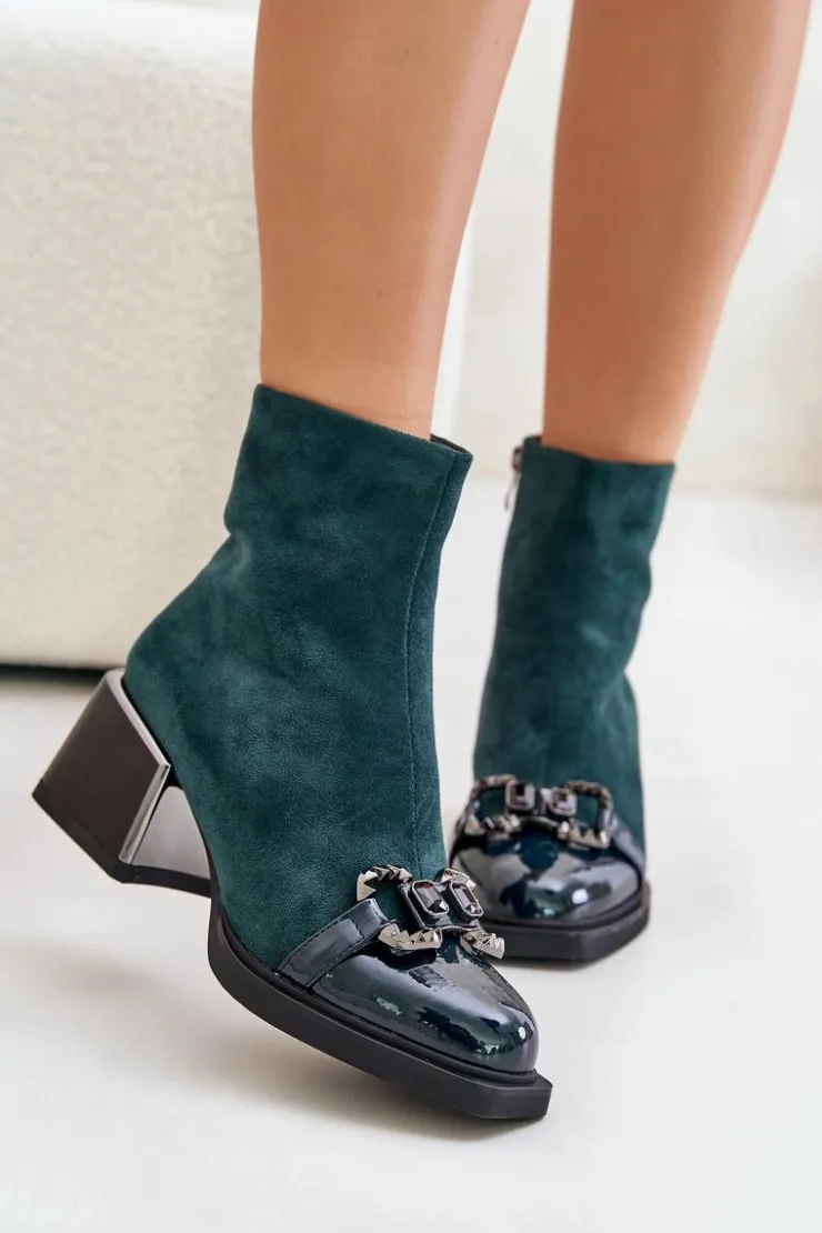 Damskie buty S.Barski Botki Zimowe Damskie|Botki Na Obcasie*Eleganckie Botki Damskie Na Obcasie Z Ozdobą Ciemnozielone MR880-127