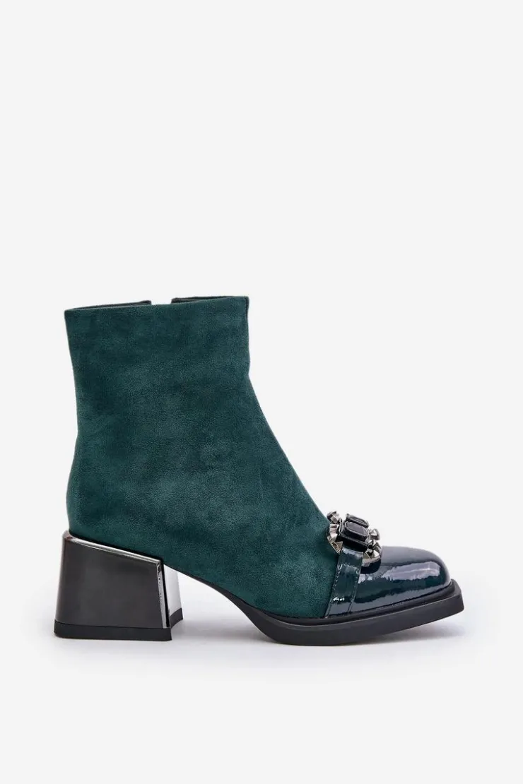 Damskie buty S.Barski Botki Zimowe Damskie|Botki Na Obcasie*Eleganckie Botki Damskie Na Obcasie Z Ozdobą Ciemnozielone MR880-127