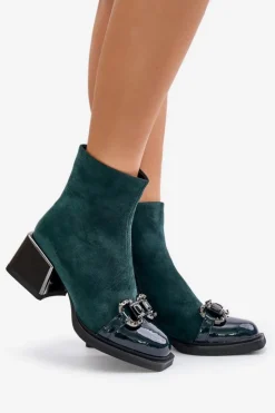 Damskie buty S.Barski Botki Zimowe Damskie|Botki Na Obcasie*Eleganckie Botki Damskie Na Obcasie Z Ozdobą Ciemnozielone MR880-127