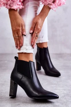 Boto Botki Na Słupku|Czarne Botki*Eleganckie Botki Na Słupku Z Dżetami Czarne Elinor