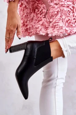 Boto Botki Na Słupku|Czarne Botki*Eleganckie Botki Na Słupku Z Dżetami Czarne Elinor