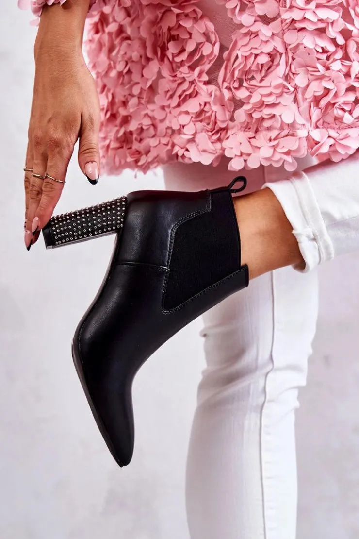 Boto Botki Na Słupku|Czarne Botki*Eleganckie Botki Na Słupku Z Dżetami Czarne Elinor