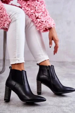 Boto Botki Na Słupku|Czarne Botki*Eleganckie Botki Na Słupku Z Dżetami Czarne Elinor