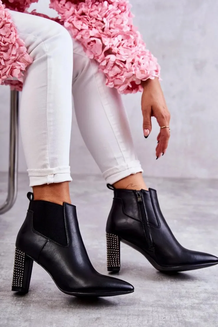 Boto Botki Na Słupku|Czarne Botki*Eleganckie Botki Na Słupku Z Dżetami Czarne Elinor