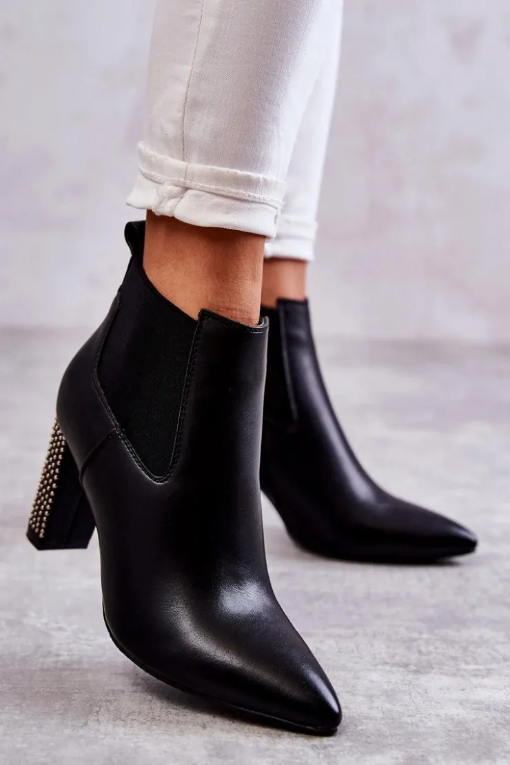 Boto Botki Na Słupku|Czarne Botki*Eleganckie Botki Na Słupku Z Dżetami Czarne Elinor
