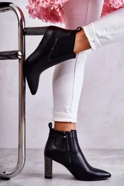 Boto Botki Na Słupku|Czarne Botki*Eleganckie Botki Na Słupku Z Dżetami Czarne Elinor